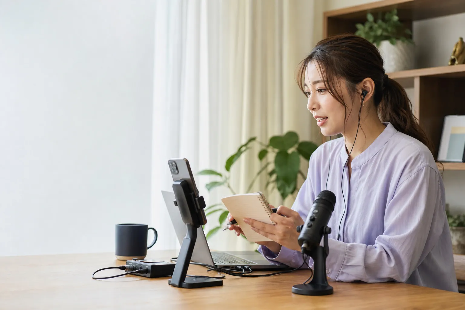自宅で初回配信の練習をする女性